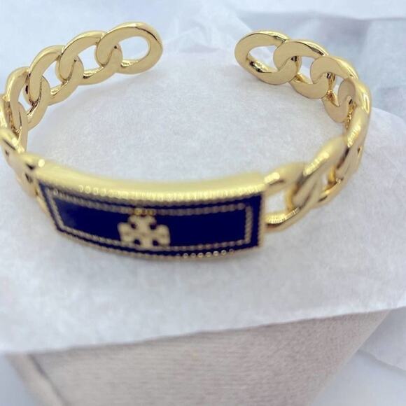 NWOT Tory Burch Chain Link Black,Gold Cuff Bangle Bracelet - Picture 5 of 8